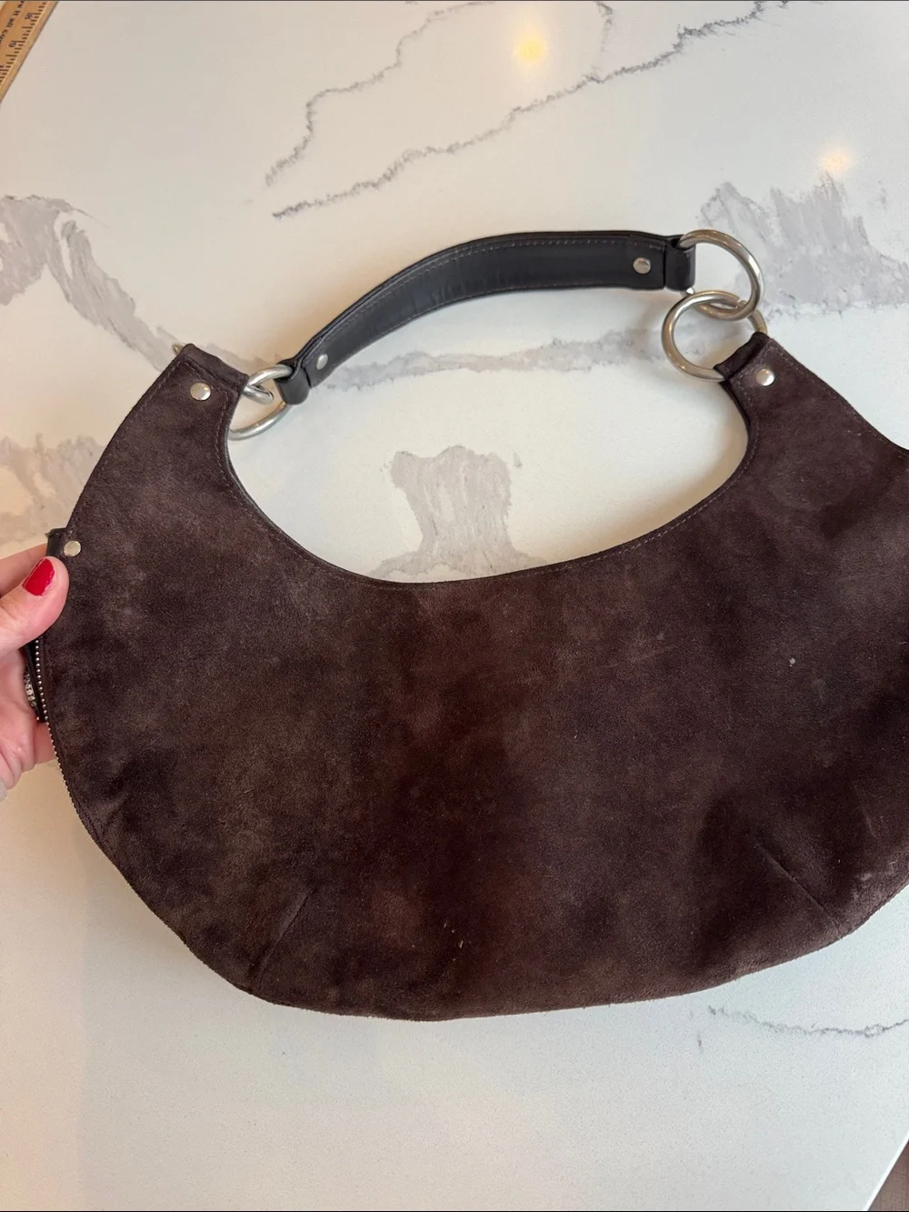 Michael Kors Vintage Brown Suede Hobo Shoulder Bag Expandable Zip Bottom Silver